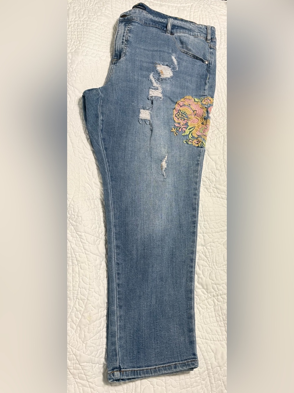 Denim 24/7 Plus Size Women's Light Blue Distressed Jeans with Embroidered Accent